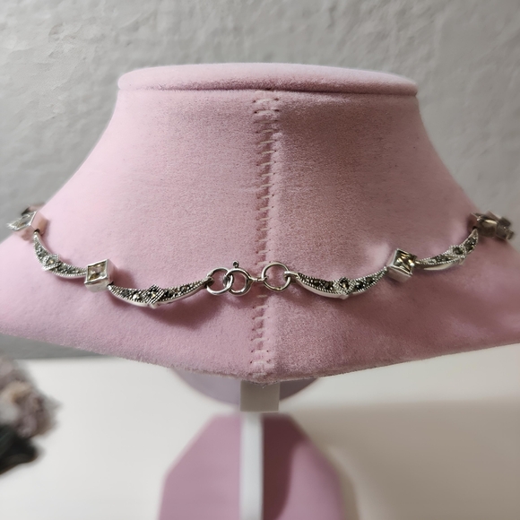 Vintage Marsala Sterling Silver Bib Necklace with Marcasite and CZ's 16 inch - Picture 12 of 13
